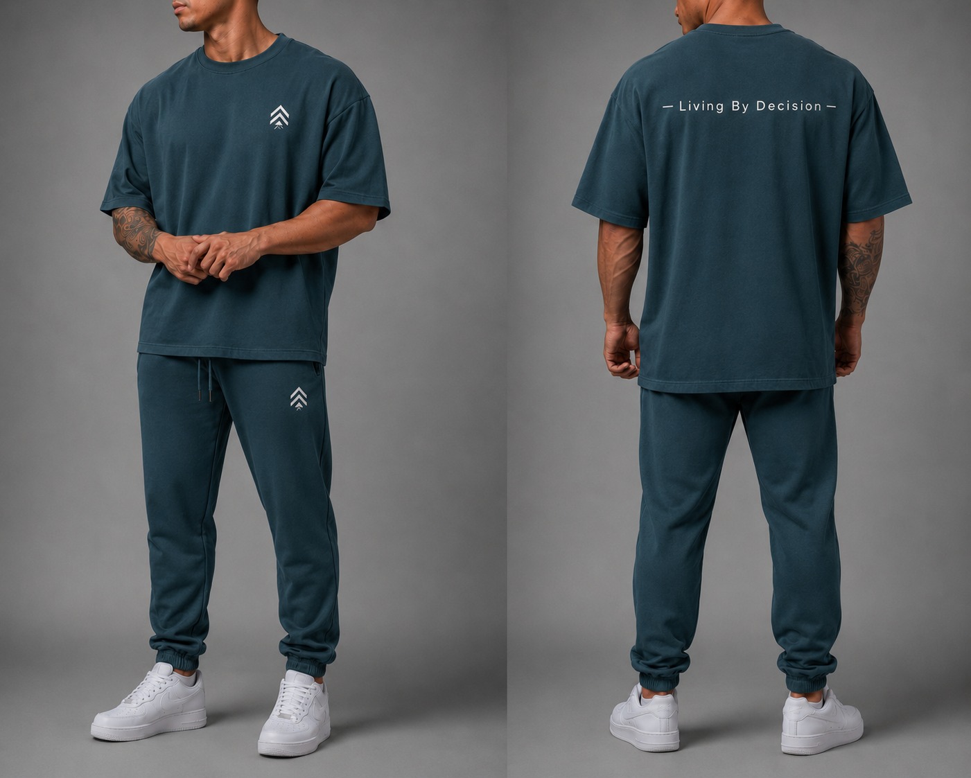 ANMT men's Living by Decision T-shirt and joggers shown from the front and back