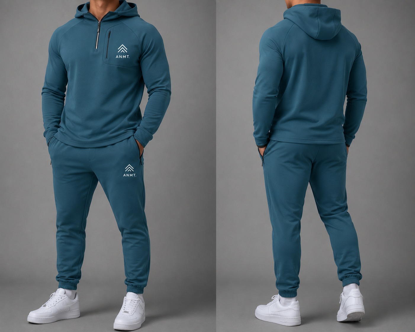 Front and back views of a model wearing the ANMT men's performance hoodie and joggers