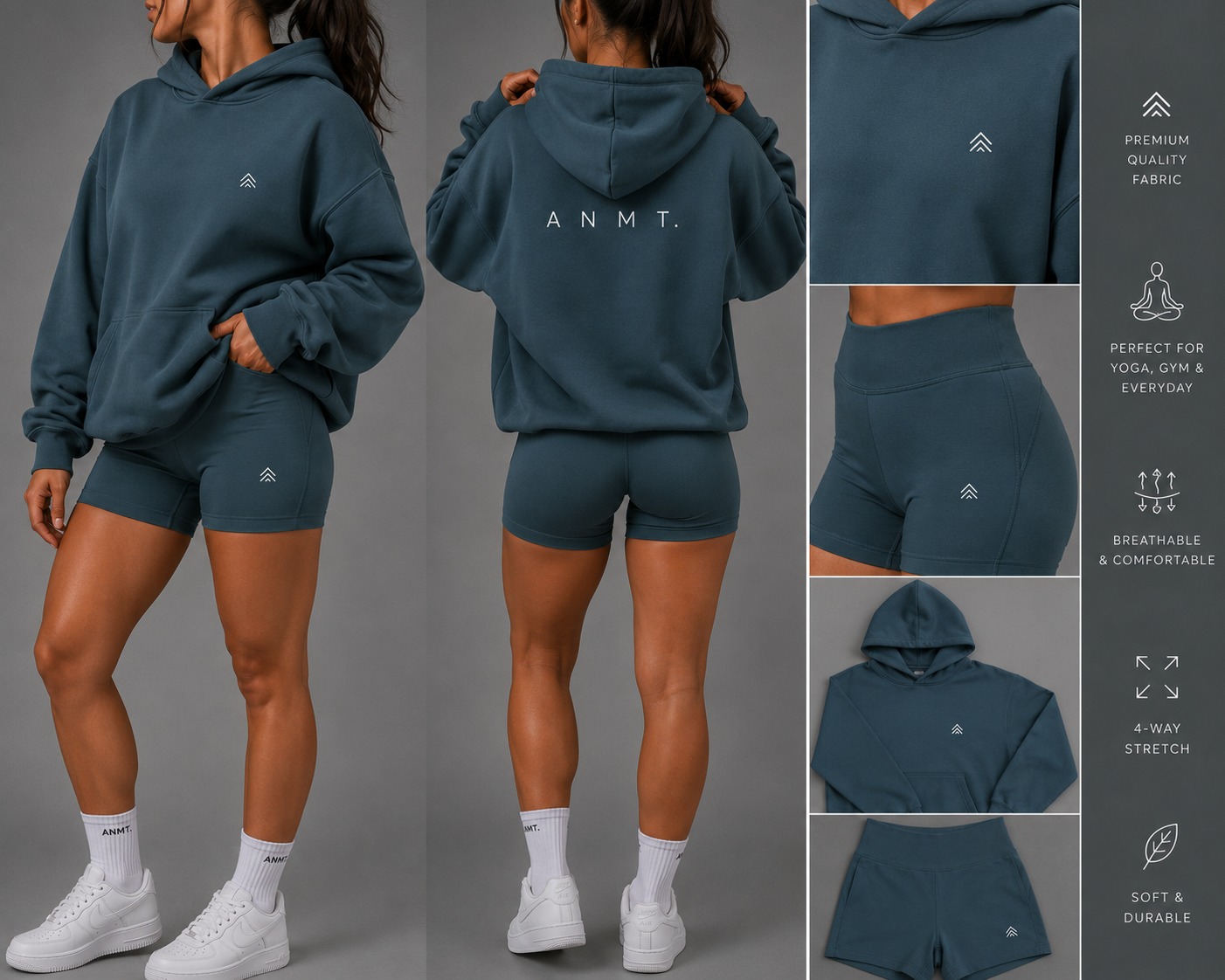 Front, back and detail views of a model wearing the ANMT women's hoodie and training shorts