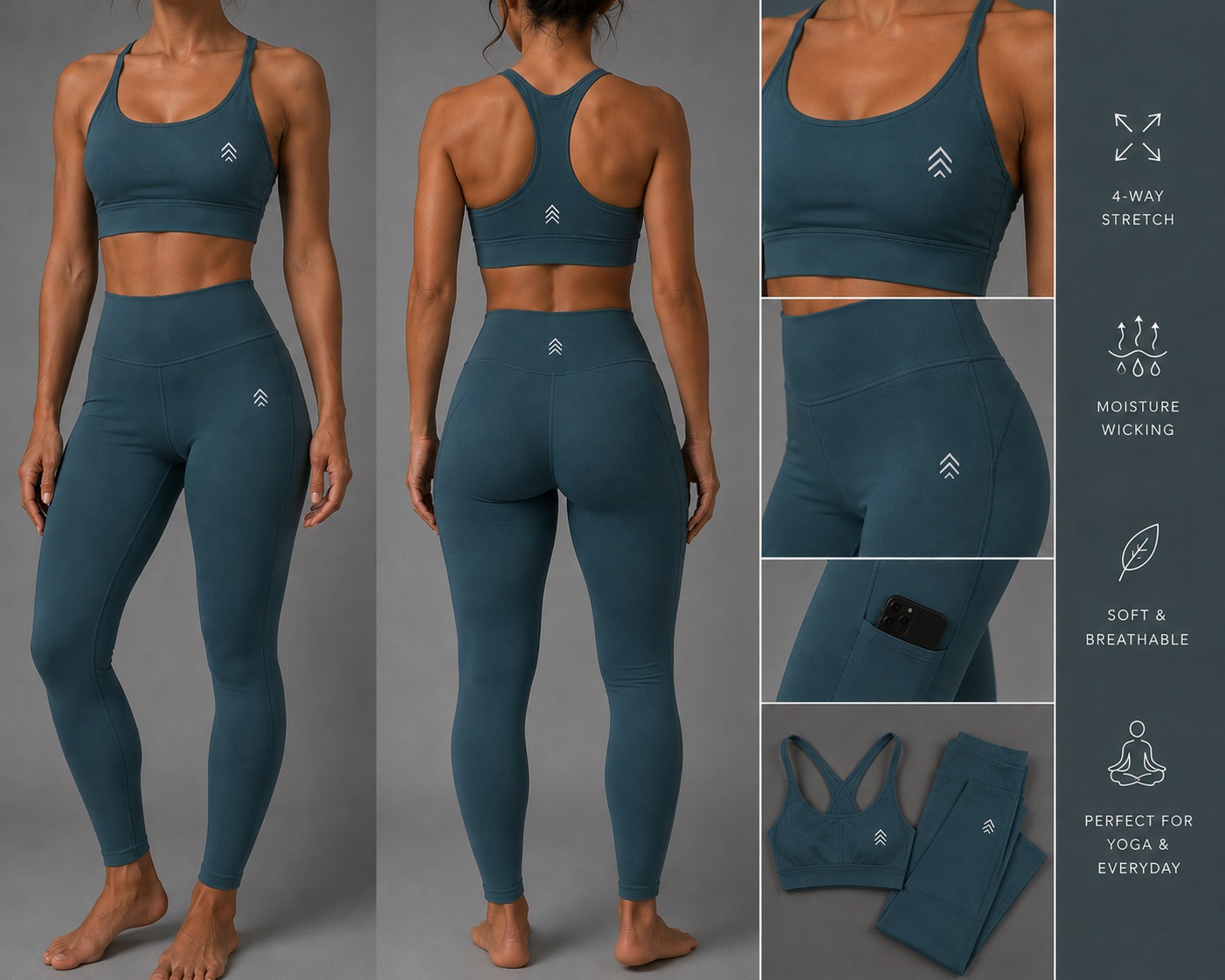 Front, back and detail views of ANMT sports bra and leggings with the official logo visible